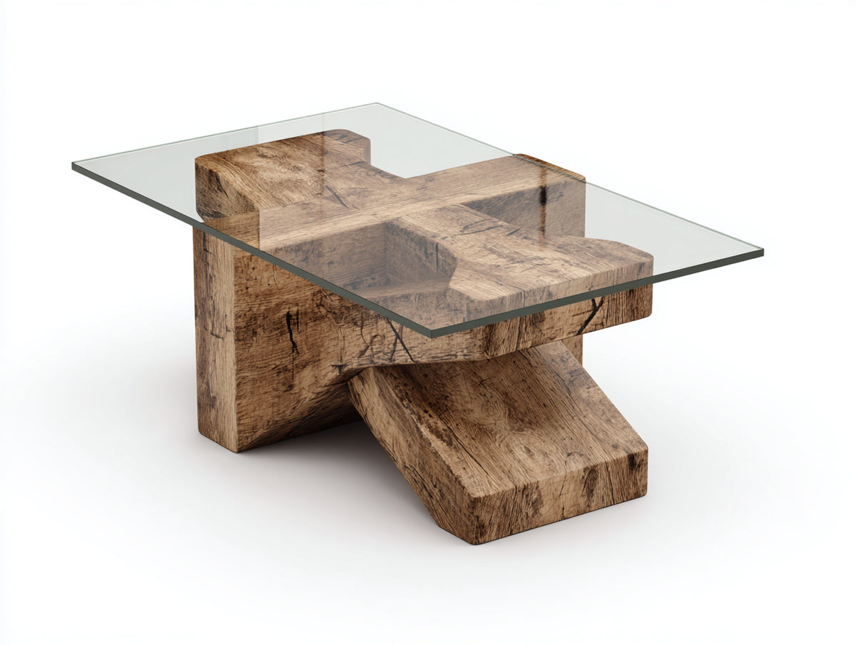 Tavolino Da Caffè rettangolare 110×65×42 cm - vetro trasparente e legno marrone - base geometrica per soggiorno