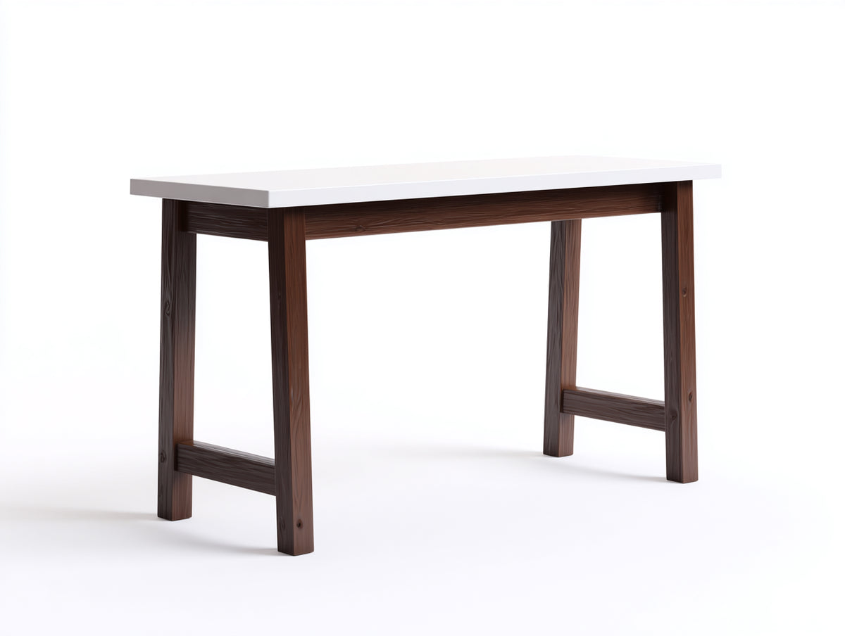 Console 125×40×80 cm - piano bianco e legno marrone scuro - telaio aperto con quattro gambe per camera da letto