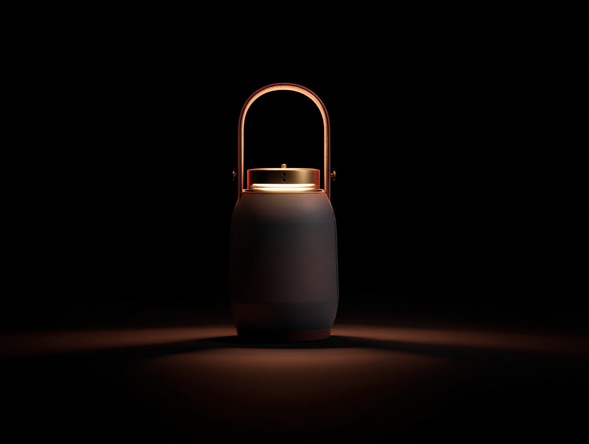 Lampada da scrivania portatile 17×17×36 cm - corpo marrone scuro e maniglia rame - illuminazione diffusa verticale per camera da letto