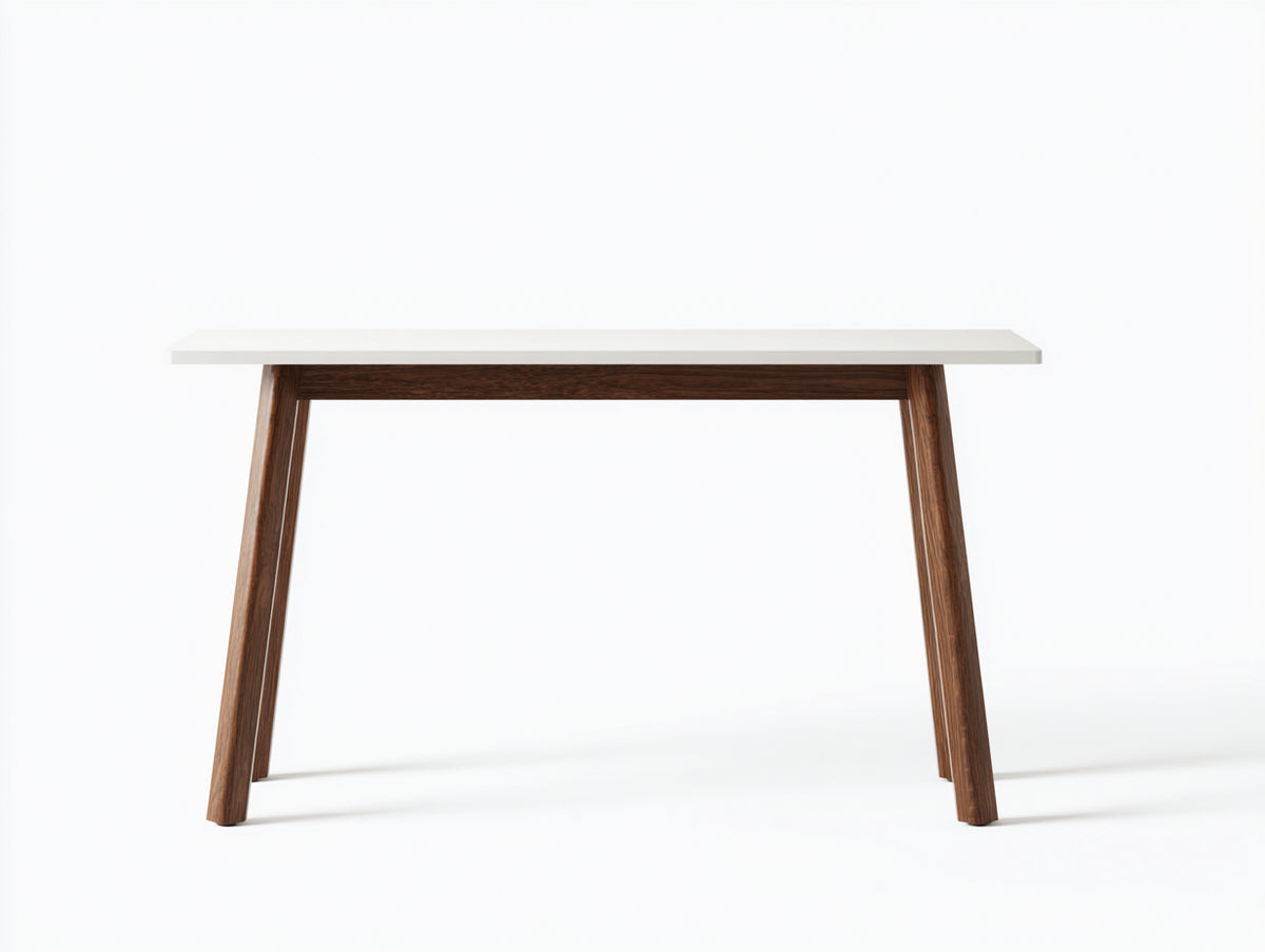 Console 115×36×78 cm - piano bianco e legno marrone noce - gambe inclinate con struttura essenziale per camera da letto