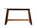 Console 120×38×79 cm - piano laccato bianco e legno marrone noce - base a cavalletto con traversa centrale per camera da letto