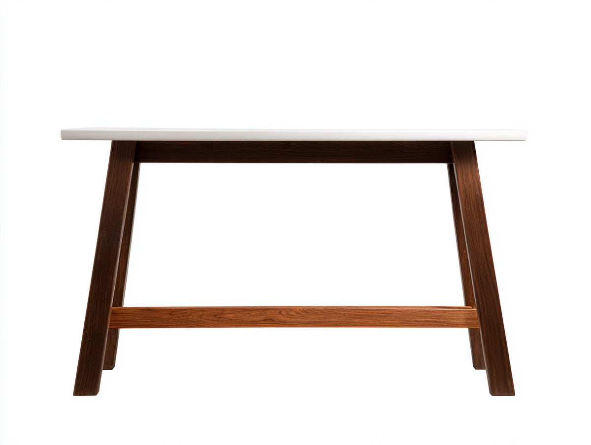Console 120×38×79 cm - piano laccato bianco e legno marrone noce - base a cavalletto con traversa centrale per camera da letto