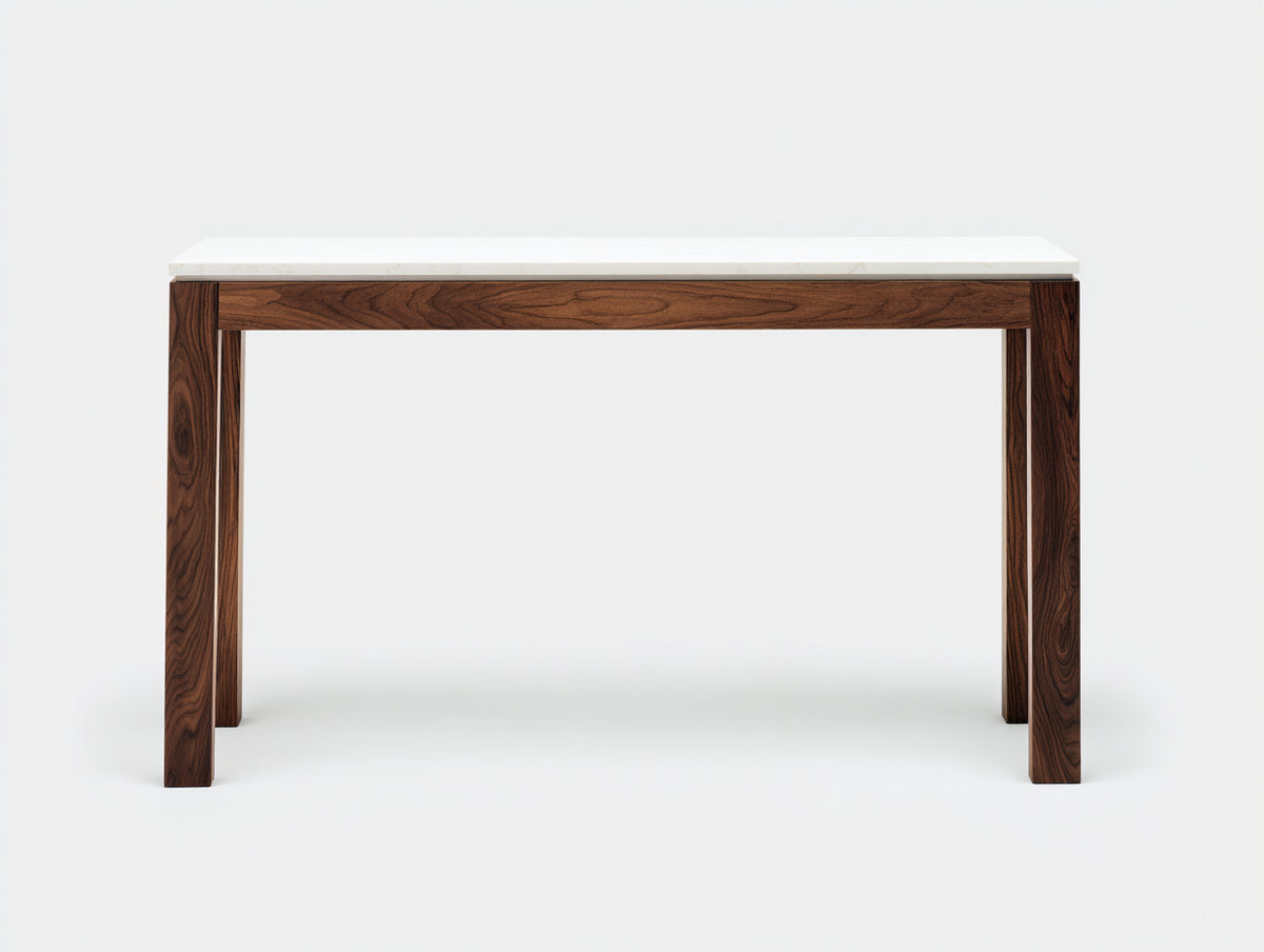 Console 110×35×80 cm - piano effetto pietra bianca e legno noce - quattro gambe dritte per camera da letto
