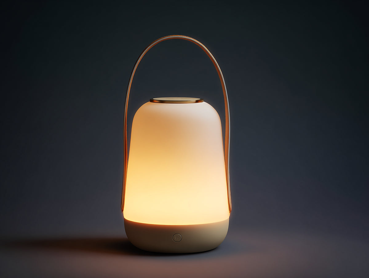 Lampada Da Scrivania ricaricabile 17×17×31 cm - materiale opalino bianco e struttura tortora - maniglia metallica ad arco per camera da letto