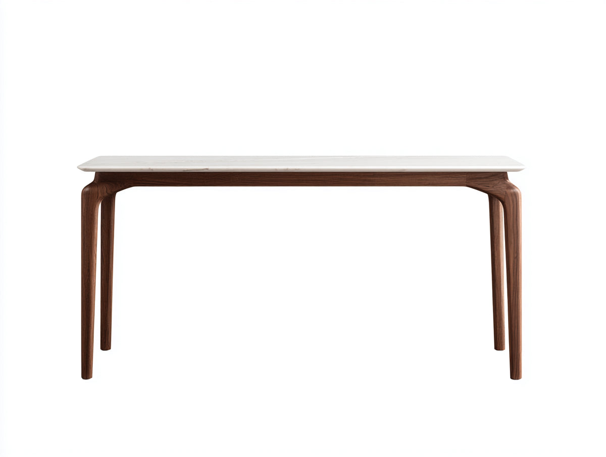 Console 135×38×78 cm - piano bianco effetto pietra e legno marrone scuro - profilo curvo minimale per camera da letto