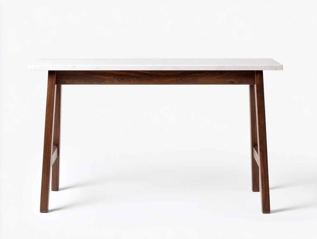 Console 128×36×79 cm - piano bianco effetto pietra e legno marrone scuro - linea inclinata per camera da letto