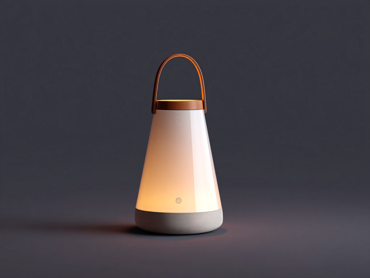 Lampada Da Scrivania ricaricabile 18×18×36 cm - corpo opalino bianco e dettagli cognac - manico arcuato con comandi frontali per camera da letto