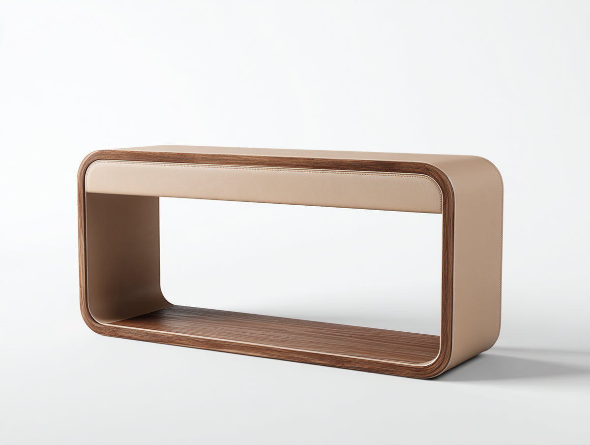 Console da camera 140×40×76 cm - struttura beige e legno marrone - design arrotondato con ripiano aperto