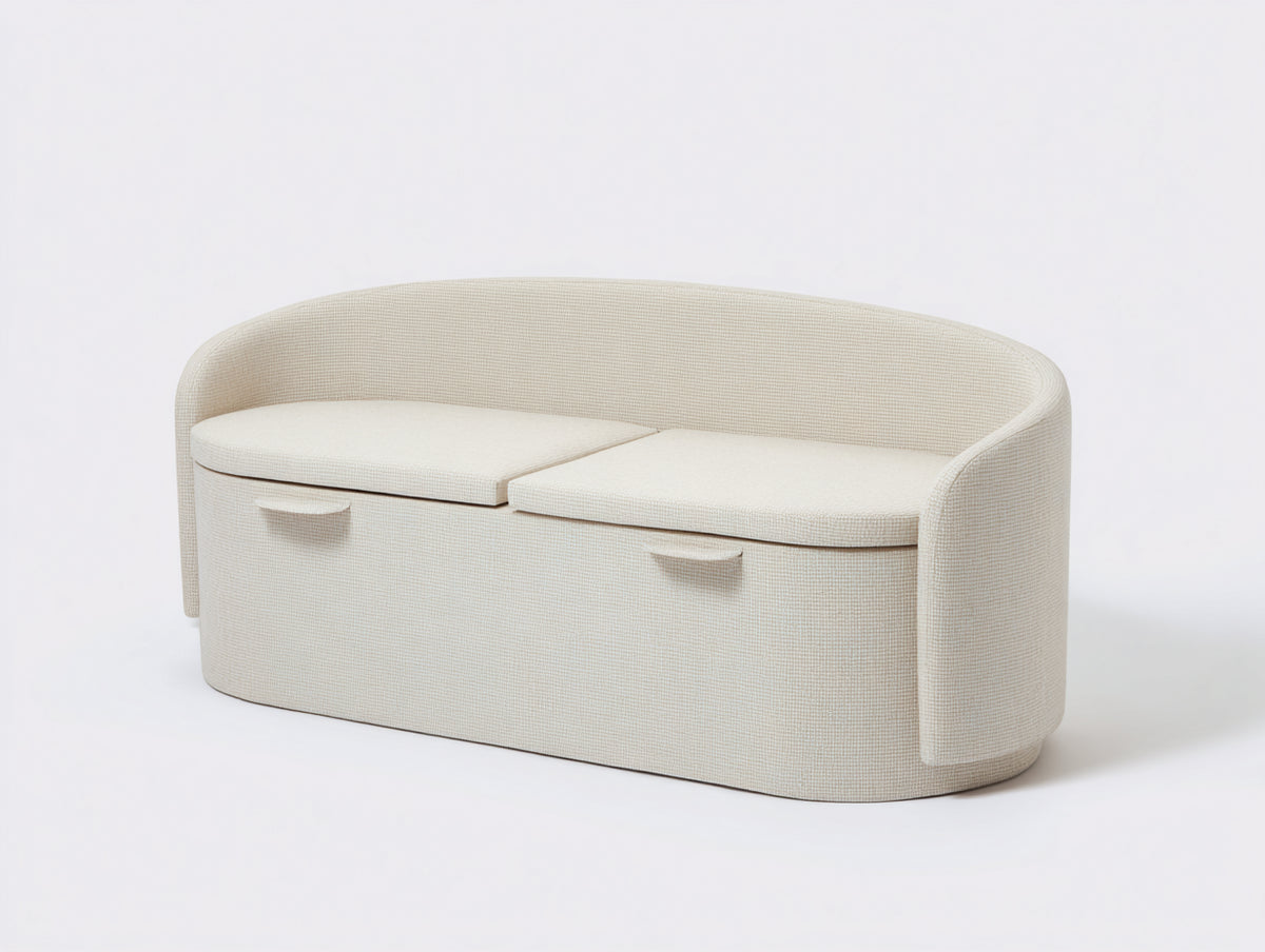 Panca imbottita 122×48×62 cm - tessuto crema - contenitore curvo per camera da letto
